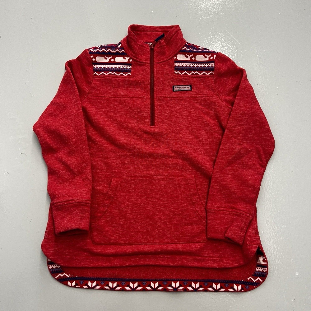 Vineyard Vines Womens Small Red Fair Isle Whale Quarter Zip Pullover Sweater